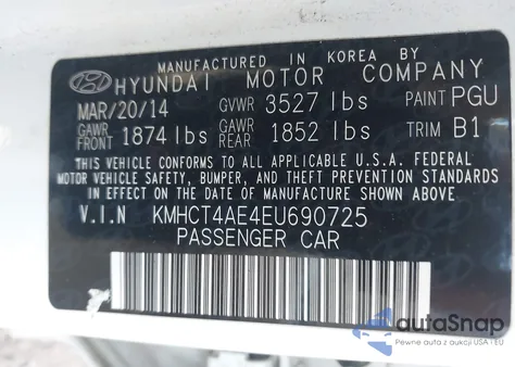 2014 Hyundai Accent Gls z USA, uszkodzony, nr VIN KMHCT4AE4EU690725